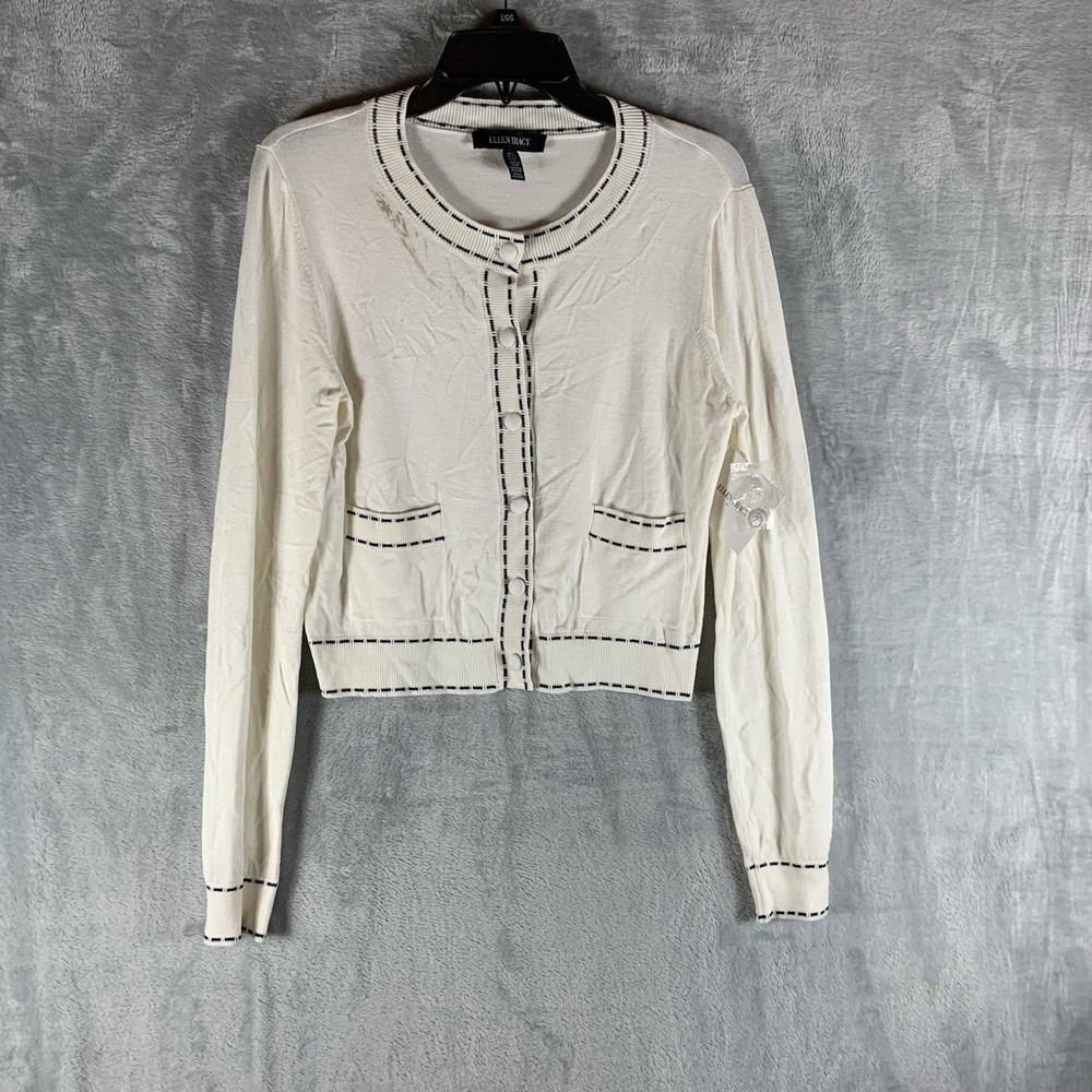 Ellen Tracy Women's Cardigan Sweater Button Up Ivory Contrast Stitch Preppy S